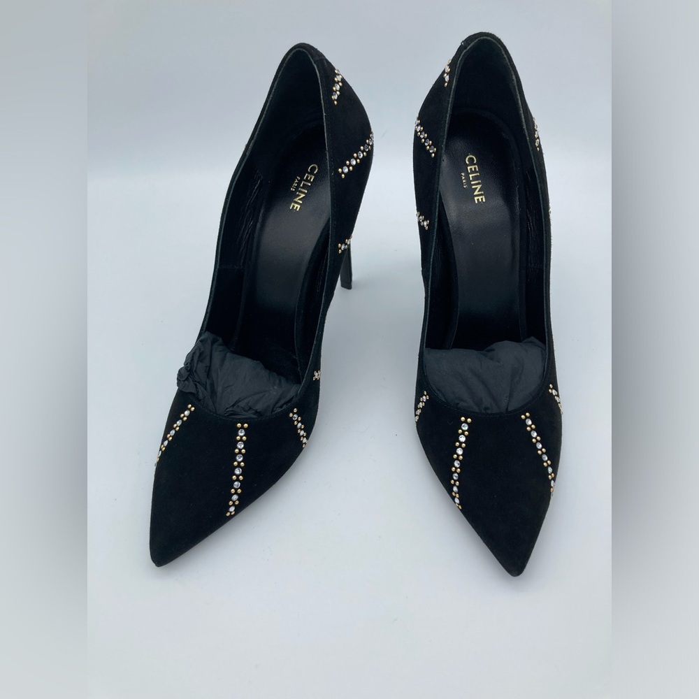 LIKE NEW CELINE SHARP SEUDE STUDDED CRYSTAL ACCENTS PUMPS HEELS 37 - Picture 7 of 8